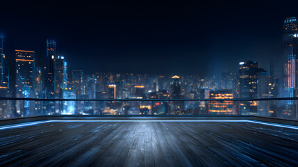 Naklejka premium Futuristic rooftop terrace overlooking night city skyline, empty wooden deck platform, illuminated urban cityscape background