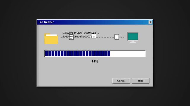 A computer interface window displays a progress bar indicating that a user is successfully migrating important documents between networked machines while managing the active software operation