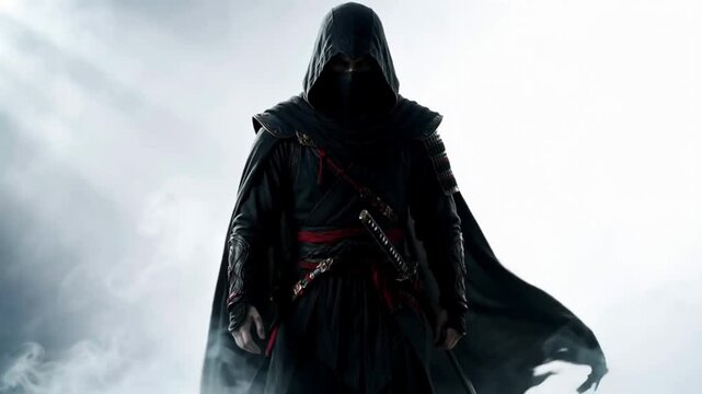 Mysterious ninjas warrior walking through thick white smoke and mist
