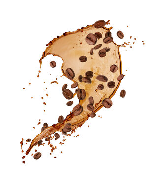 Dynamic liquid coffee splash wave with roasted beans and droplets isolated on transparent background