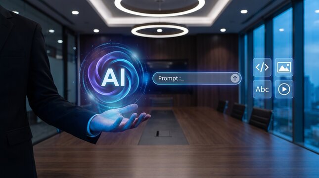 Futuristic businessman holding glowing artificial intelligence prompt interface in modern corporate boardroom during evening business meeting