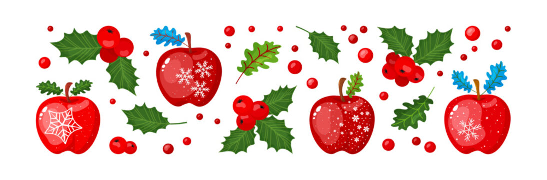 Apple with mistletoe berry, leaf sprig. Christmas decoration, winter fruit. Xmas simple plant red and green color. Holiday ilex, leaves branch isolated on white background. Cartoon vector illustration