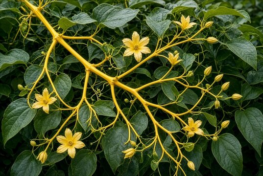 Ramo giallo intrecciato con fiori a stella e boccioli tra fitte foglie verdi