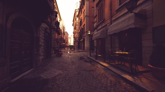 early morning narrow street with puddles and lamp illumination, deserted lanes showing textured facades and damp pavement, mood for quiet urban exploration