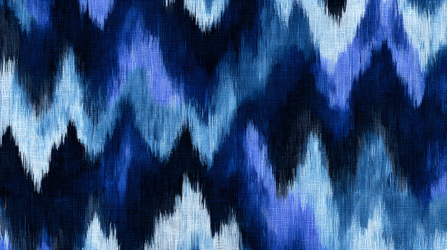 Indigo blue ikat pattern background, bohemian chevron textile texture, ethnic tribal watercolor fabric design wallpaper
