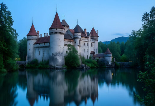 Heritage tourism and travel destination, medieval castle with stone towers and red roofs reflected in calm lake water at twilight in european landscape