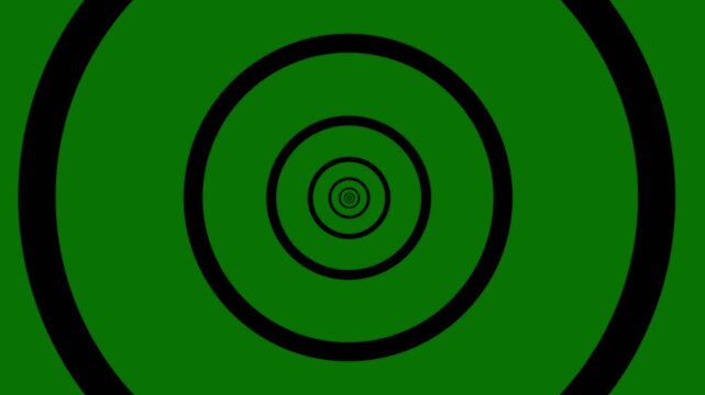 Black hypnotic concentric circle animation, expanding geometric rings, seamless optical illusion loop, high contrast abstract tunnel motion, 4k green background for visual effects.