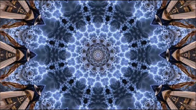 A seamless 4K motion loop featuring an intricate geometric mandala pattern with blue, white, and gold tones, ideal for dynamic backgrounds and surface design.