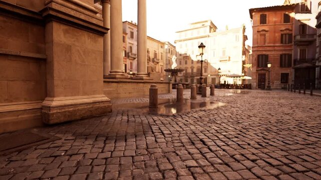 golden plaza with ornate fountain and calm puddles classical columns casting long shadows serene historic atmosphere and intricate stone details