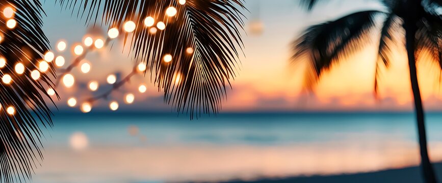 Tropical sunset with string lights and palm trees