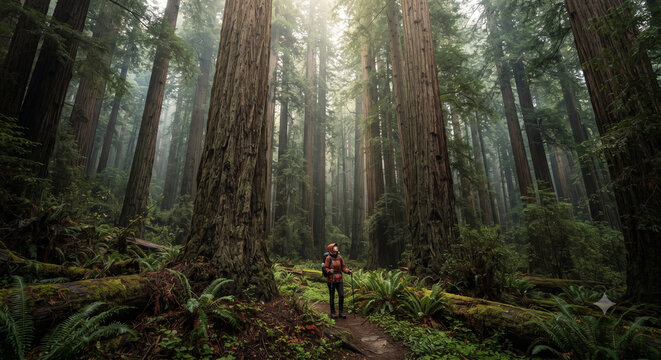 Hiker on a trail in a majestic misty giant redwood forest representing nature adventure and exploration	자연 모험과 탐험을 나타내는 웅장한 안개 낀 거대 레드우드 숲 속 트레일 위의 하이커