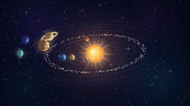 Flat solar system with planets orbiting the glowing sun on a starry sky, educational seamless 4K loop animation