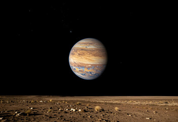 Fototapeta premium Astronomy and space exploration, giant planet Jupiter rising over a desolate alien landscape with rocky terrain and dark night sky in the galaxy