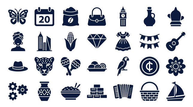 Diverse cultural glyph icons set featuring food animals buildings and music instruments in dark silhouette