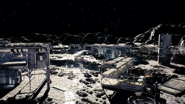 solar arrays powering lunar base with reflective panels and central inverter hub, bright glare across regolith, cable trenches and battery containers,