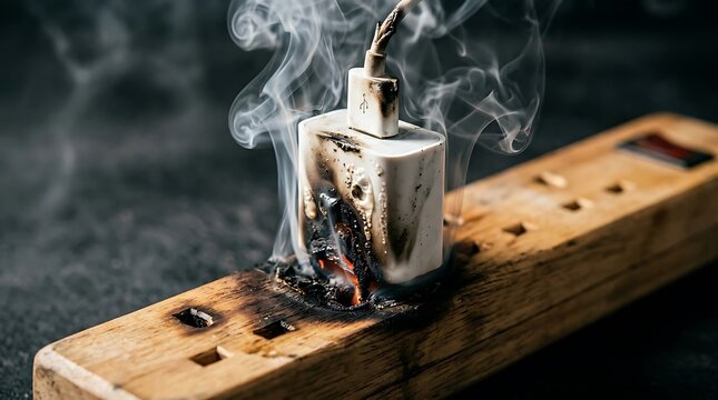 Broken phone charger smoking and burning on a wooden power strip causing a dangerous electrical fire hazard at home