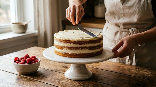 Person spreading sweet white frosting on a round layer cake with a metal spatula in a cozy home kitchen setting