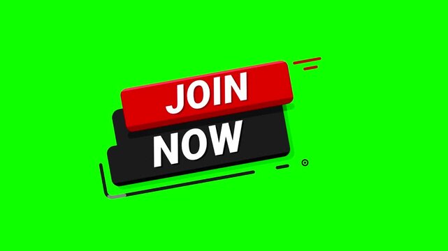 Animated join now button with red and black elements on green screen for easy compositing