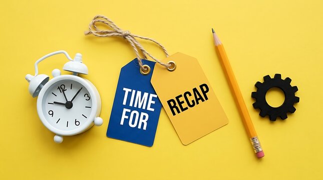 Time for recap message written on paper tags with an alarm clock and pencil on a bright yellow background surface