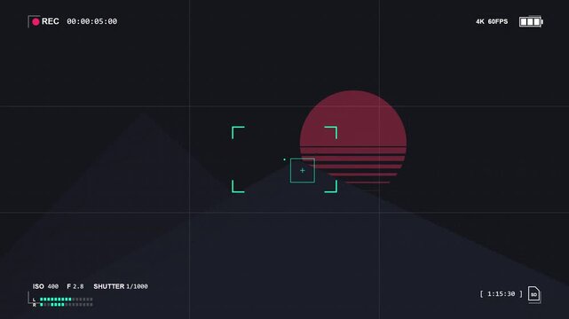 A digital camera view interface captures the hazy evening atmosphere featuring a dark mountain silhouette under a glowing neon sun that rests above the horizon line during a quiet nocturnal