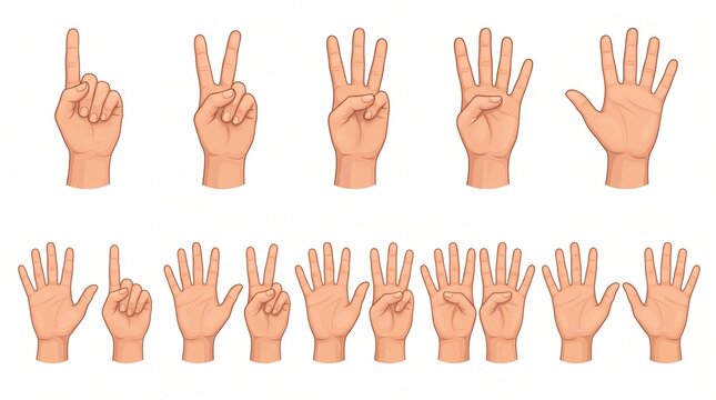Realistic vector illustration of human hand counting gestures set. Detailed hands showing numbers from one to ten with natural skin tones and shades on white background.

