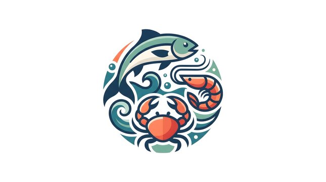 Circular vector illustration of fresh seafood featuring a fish, a crab, and a shrimp with stylized ocean waves.