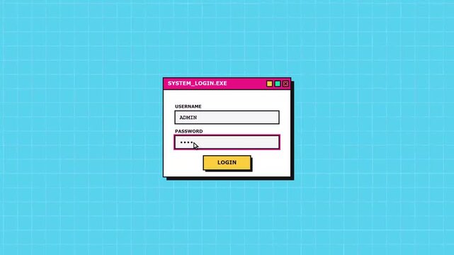 A computer graphical user interface displays a vintage system login prompt requesting an authorized username and a secure password entry to allow access into the restricted internal software
