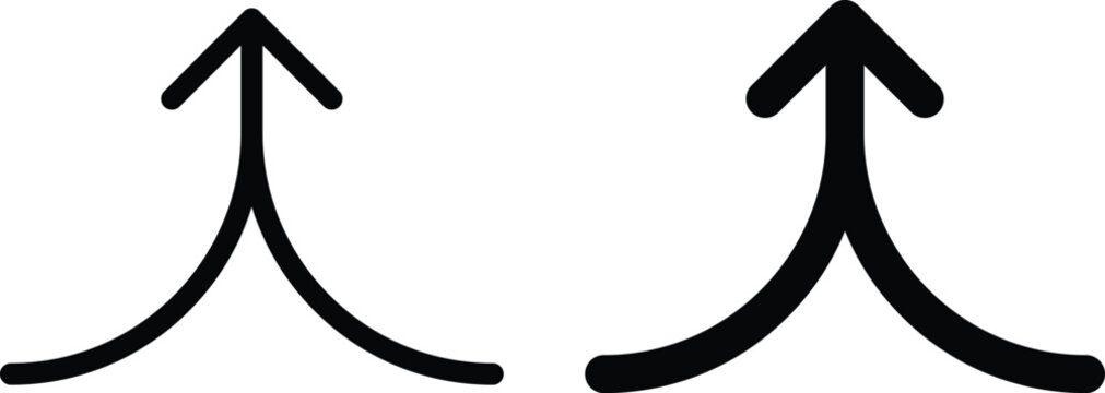 Merging arrow up icon set. Two path joining into single upward direction symbol. Curved line merge upward arrow set