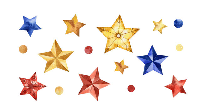 Watercolor Christmas stars and festive dots set in gold, blue, and red isolated on black background