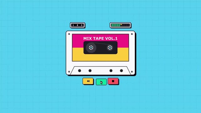 A vibrant graphic display showcases a retro cassette tape featuring colorful label markers positioned above nostalgic playback control buttons arranged neatly across the bright teal patterned