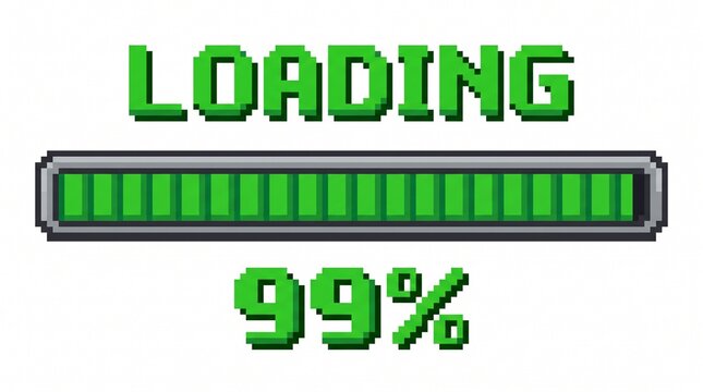 Green pixel art loading bar with ninety nine percent progress