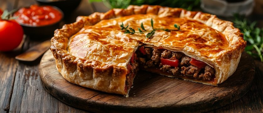 A delicious meat pie with a golden, flaky crust and rich filling, freshly baked on a wooden board