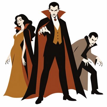 A trio of stylized vampires, with fangs and capes, stand against a white background.
