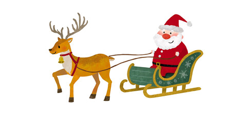 Vintage style illustration of Santa Claus riding in a green sleigh pulled by a reindeer isolated on black © SpectraFocus