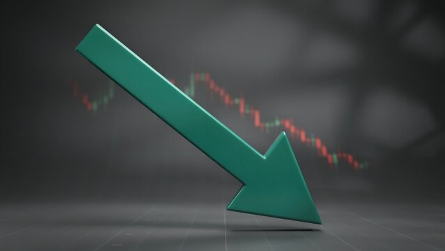 Arrow pointing downward indicates a declining financial market trend on a background of abstract blurry data charts.