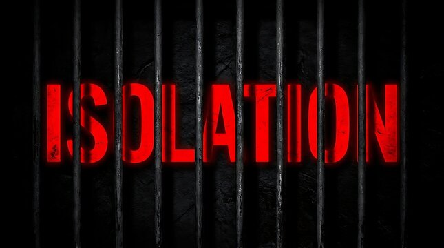 Red word isolation behind dark metal prison bars representing a feeling of being trapped and lonely in a dark cell