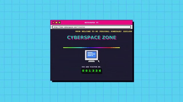 A vintage ninety nineties computer interface displays a nostalgic cyberspace zone website with a green visitor counter on a glowing screen that reflects the early days of global network