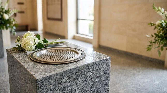 memorial facility flower pedestal drainage design for ceremonial floral displays, maintenance access and dignified commercial remembrance spaces