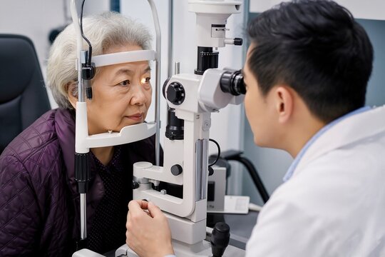 Elderly woman receiving eye examination with slit lamp from optometrist. Elderly eye exam involves detailed checkup and communication with healthcare professional.