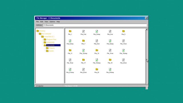 A vintage computer file management software interface shows structured yellow folder icons organized within a primary directory view that displays multiple user documents inside an aged