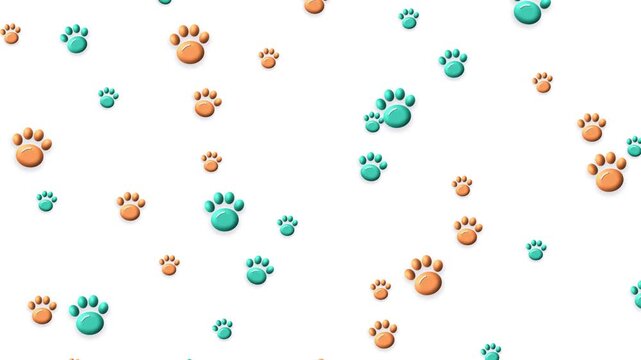 Floating paw prints 3d clay animation on white background loop