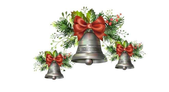 Silver Christmas bells decorated with pine branches, holly leaves, and red bows isolated on black