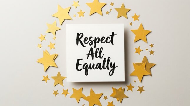 Respect all equally text written on a square card surrounded by many shiny golden stars on a light gray background