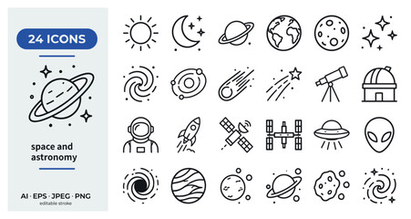 Set of vector space and astronomy icons including planets, stars, spacecraft, astronauts, observatories, and celestial objects with editable strokes on transparent background © Andrey