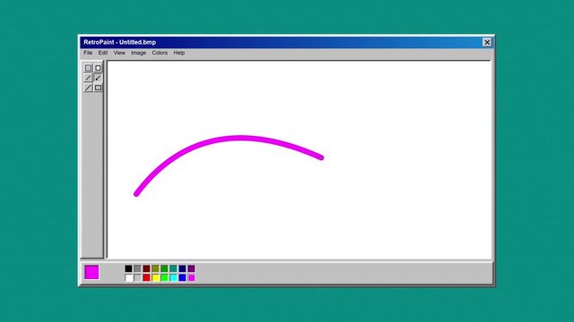A single pink curved line appears on the canvas of an archaic computer painting software interface displayed within a classic operating system window that features a vibrant teal colored desktop