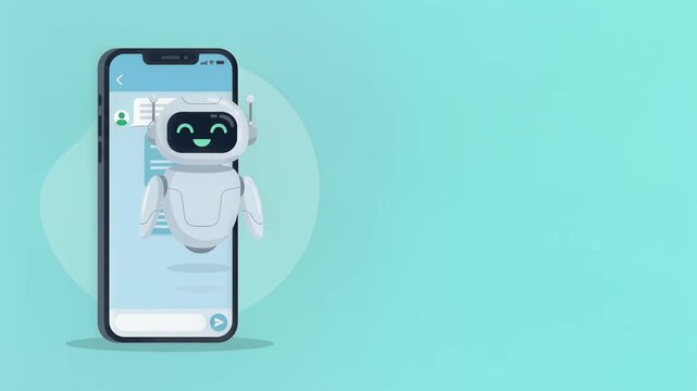 Chatbot Assistant Character Emerging from Smartphone Screen Animated Sequence