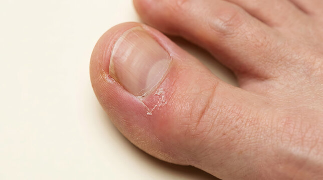 Close up view of a human toe showing signs of a painful ingrown toenail infection