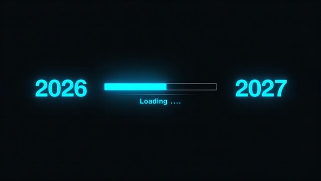Glowing blue digital loading bar transitioning from year twenty twenty six to twenty twenty seven against dark background featuring neon typography and interface graphic elements