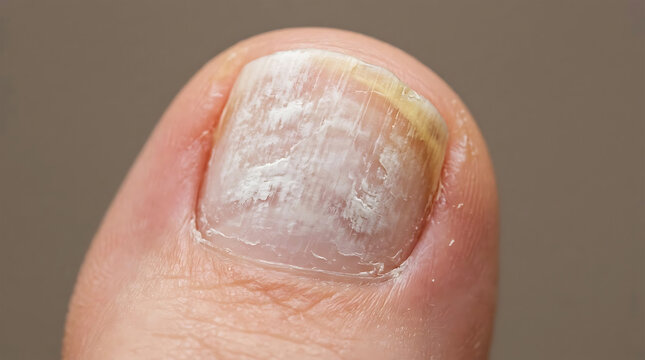 Close up view of a human finger showing signs of a fungal nail infection onychomycosis