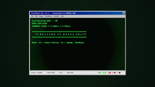 A vintage computer terminal screen displays a green text interface showing a successful connection to a server within a retro software environment typical of early nineteen nineties computing